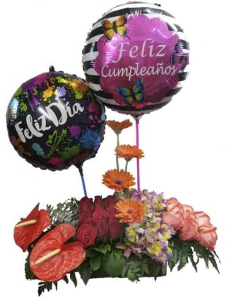 Arreglo de rosas rojas gerberas astromelias y globos