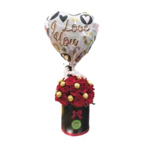 Caja de Rosas con Bombones Ferrero y Globo