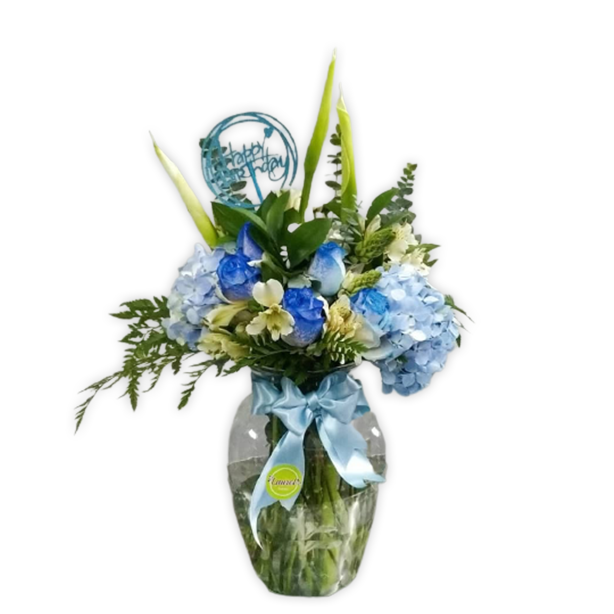 arreglo de rosas azules en florero