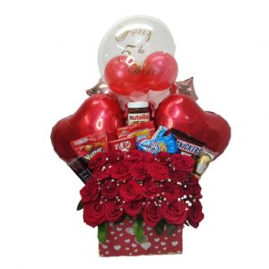 Arreglo de rosas Globos y Chocolates Grande