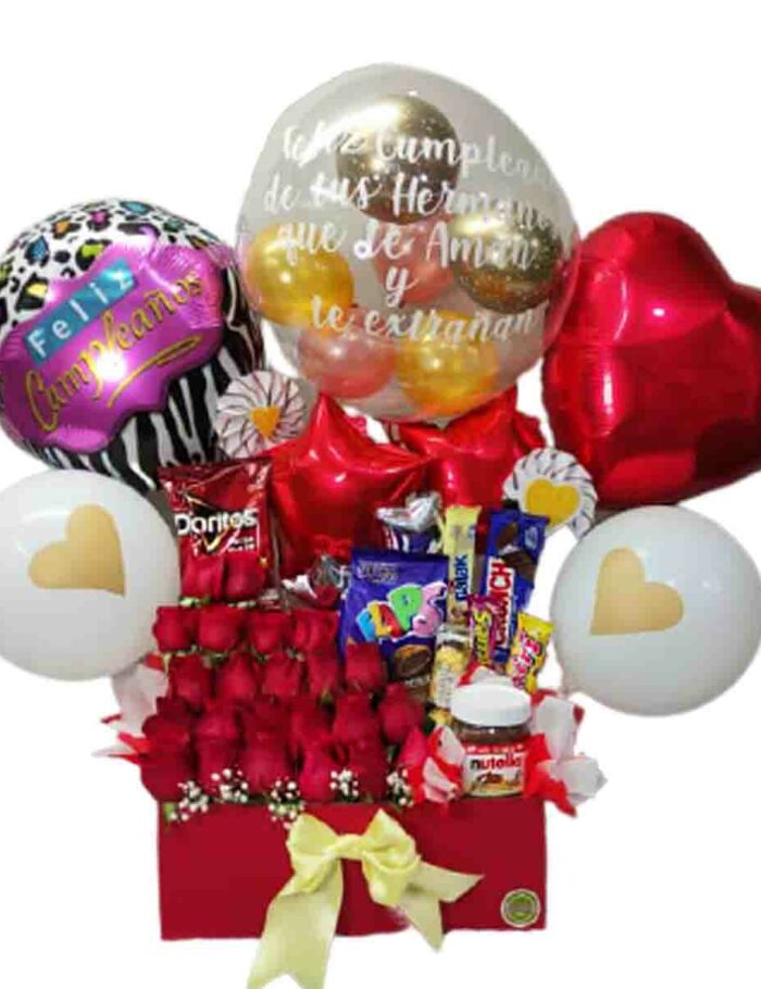 Arreglo de rosas globos y choclates grande