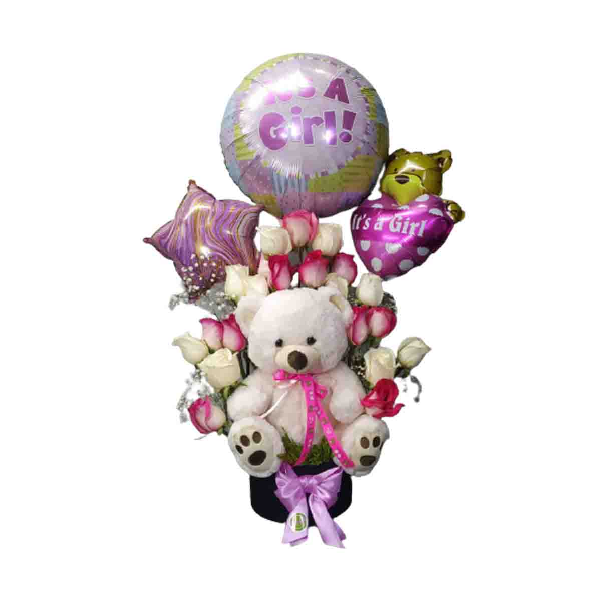 Arreglo de rosas peluches y globos baby girl