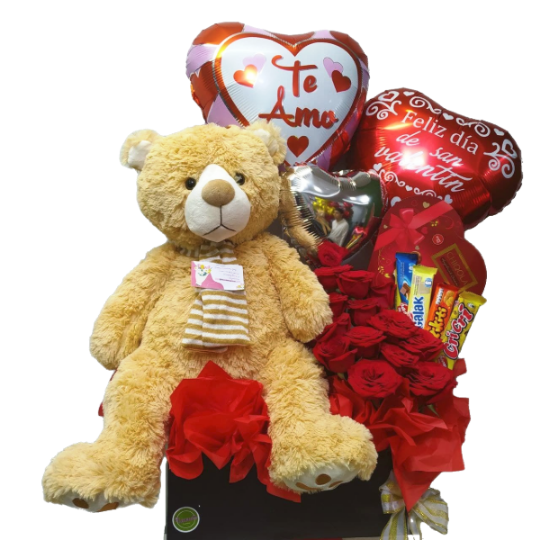 Arreglo de Globos peluche grande chocolates y una docena de rosas