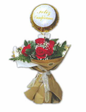 Ramillete de una docena de rosas y globo