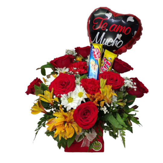 Caja de 8 rosas con Globo y Chocolate - Laurel Eventos