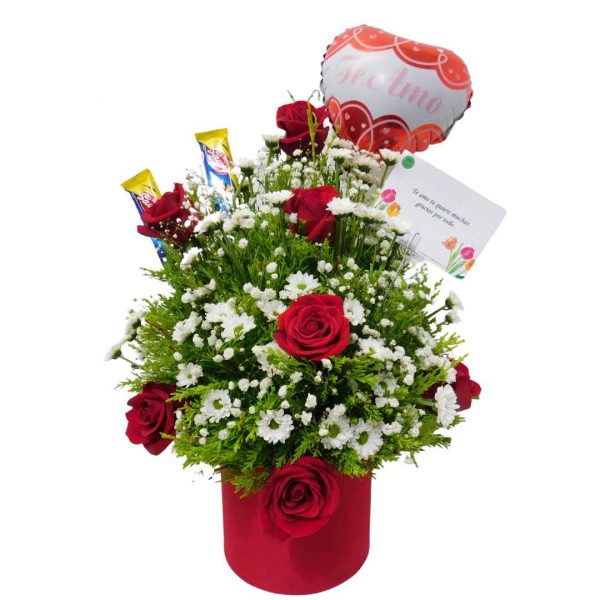Caja de 8 rosas con globo y chocolate