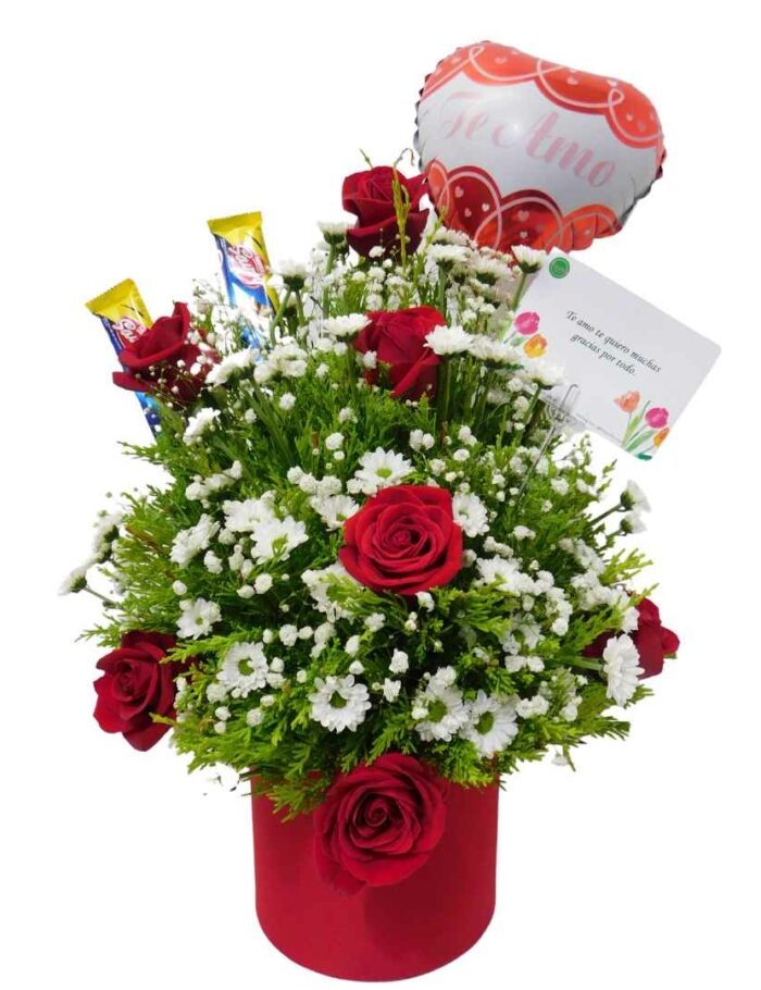 Caja de 8 rosas con globo y chocolate