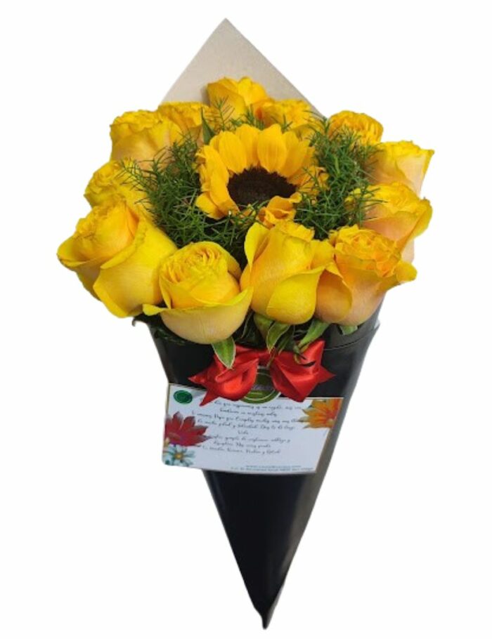 Cono de 12 rosas y girasol
