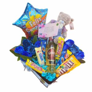 Caja de rosas azules bebida y snack1